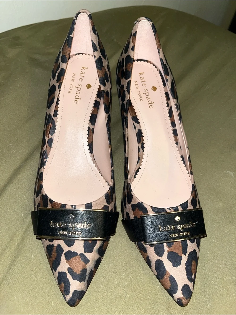 kate spade Leopard Print Pointed Toe Kitten Heels with Black band